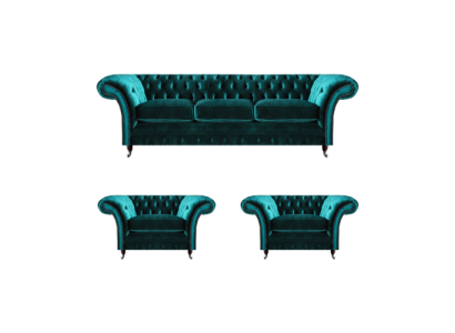 Design Chesterfield set di divani a tre posti, divano e due poltrone imbottite.