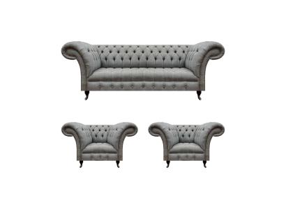 Set soggiorno 3 pezzi Chesterfield divani grigi tessuto mobili imbottiti 2x poltrone