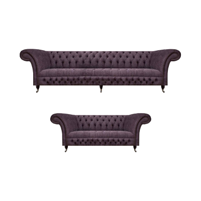 Salotto lussuoso divano viola a tre posti, poltrona di design, set di divani Chesterfield.