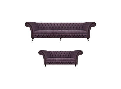 Salotto lussuoso divano viola a tre posti, poltrona di design, set di divani Chesterfield.