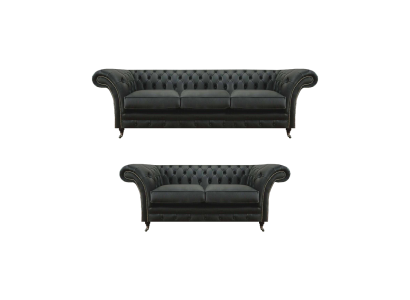 Moderno soggiorno Chesterfield nero con divani a tre posti e a due posti