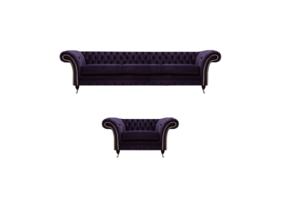 Set completo divano Chesterfield a 2 posti viola con poltrona per il soggiorno, nuovo.