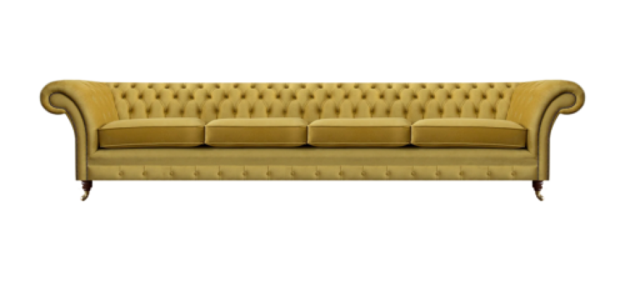 Divano giallo a quattro posti Chesterfield nuovi per il soggiorno.