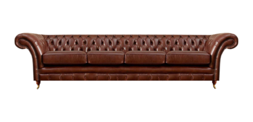 Divano marrone Chesterfield a quattro posti, nuovo arredo per il soggiorno.