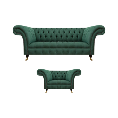 Soggiorno di lusso completo in verde, divano a tre posti, poltrona Chesterfield, nuovo set.