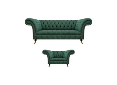 Soggiorno di lusso completo in verde, divano a tre posti, poltrona Chesterfield, nuovo set.