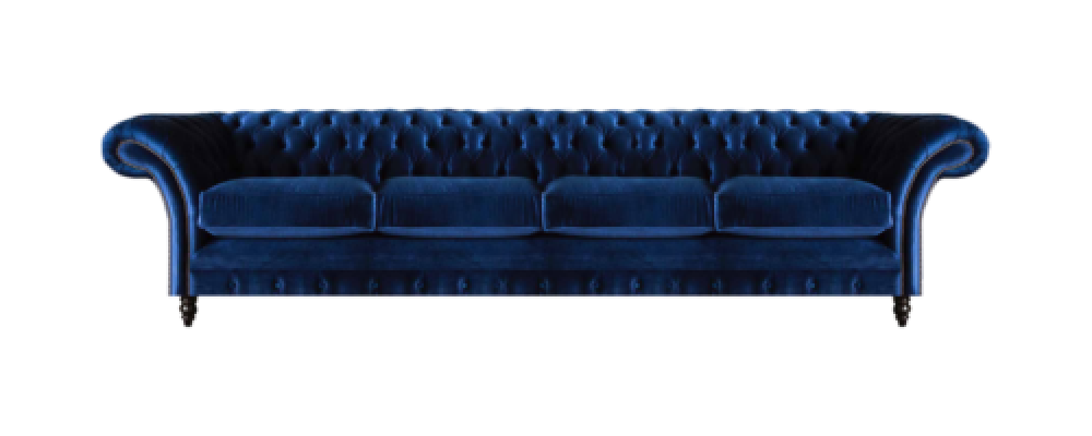 Lussuoso divano Chesterfield a quattro posti di design blu arredamento soggiorno.