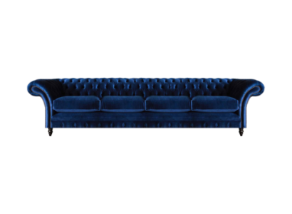 Lussuoso divano Chesterfield a quattro posti di design blu arredamento soggiorno.