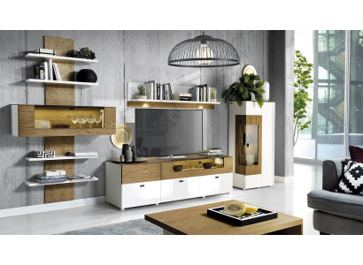 Set parete soggiorno moderno con vetrine, libreria, armadio, salotto stile barocco.