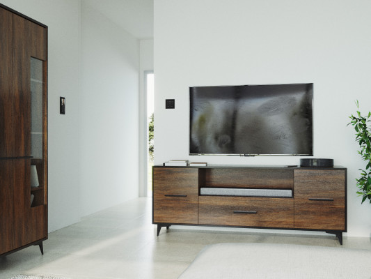 Mobile basso a lato, scaffale, design di una lavagna di lusso per il soggiorno, arredamento per tv, credenza, comò.