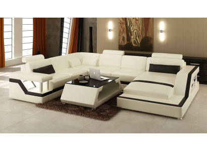 Divano ad angolo imbottito in pelle con illuminazione per il soggiorno.