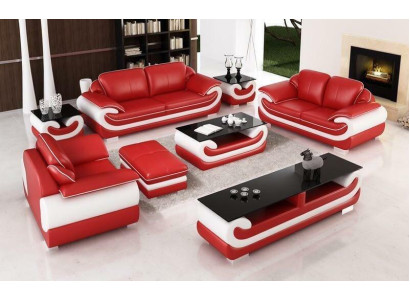 Divano 3 posti + 2 posti + 1 posto, 2 tavolini da salotto, credenza, pouf, set soggiorno 7 pezzi.