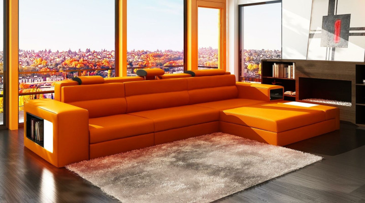 Divano ad angolo in pelle, divano a L, sofà, decorazioni, divano imbottito, seduta, angolo.