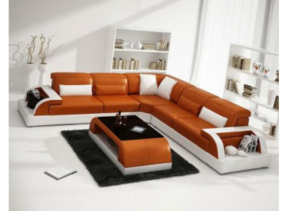 Divano ad angolo a L + Tavolino Salotto Divano Design Grigio Imbottito in Pelle