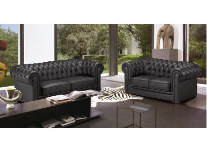 Set di divani Chesterfield in pelle per soggiorno con 3 posti.