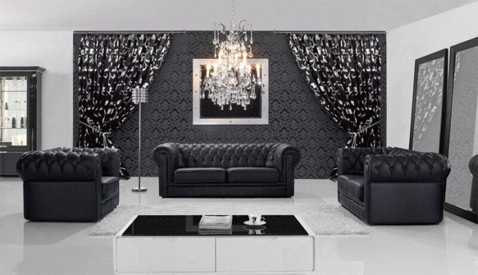 Set di divani Chesterfield in pelle per soggiorno con 3 posti.