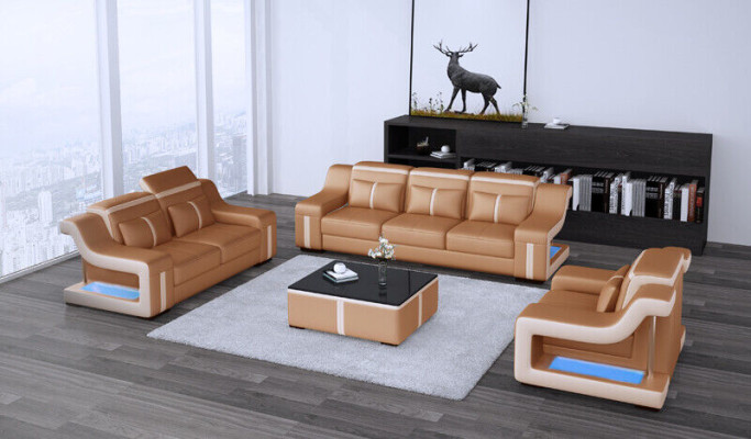 Sofà set divano imbottito 322 set completo design in pelle 3 pezzi.