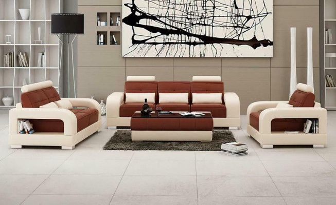 Set di divani imbottiti 3+1+1 posti in pelle design moderno.