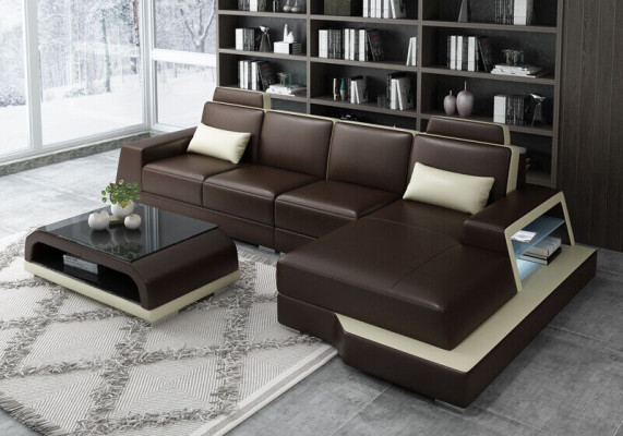 Divano ad angolo Divano Composizione salotto Forma a L Divano imbottito Divano in pelle beige Divani