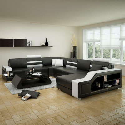 Divano ad angolo componibile a U - Set di divani in pelle con scaffale in pelle.