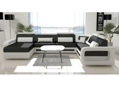Divano a forma di U, divano imbottito auffetto angolare, in pelle, design di salottino.