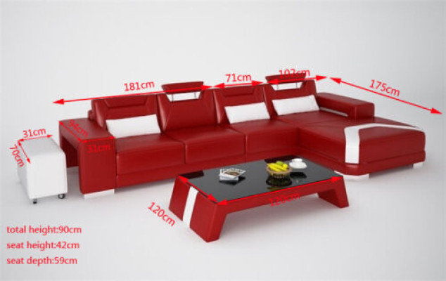 Set di mobili per il soggiorno, completo, 3 pezzi. Divano ad angolo, divano, pouf, tavolo.