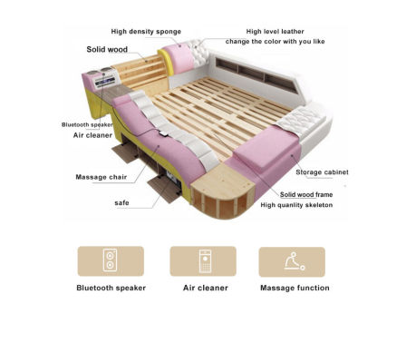 Lussuoso letto matrimoniale multifunzione imbottito con letto ad acqua 180x200, radio USB e musica.