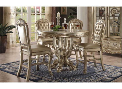 Classico tavolo rotondo dorato da pranzo con 4 sedie Chesterfield per sala da pranzo, set da 5 pezzi.