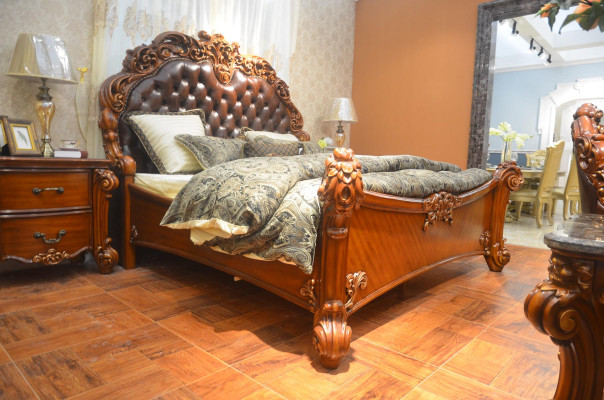 Set camera da letto Letto + 2x comodini Chesterfield Legno Pelle Letti Imbottiti