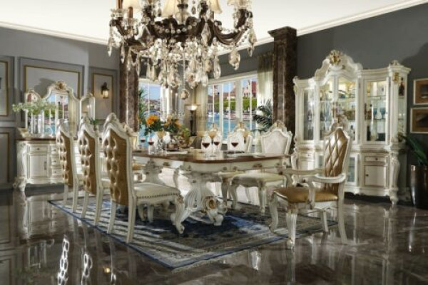 Set da pranzo classico con tavolo da pranzo del designer, 8 sedie, set completo in stile barocco rococò.