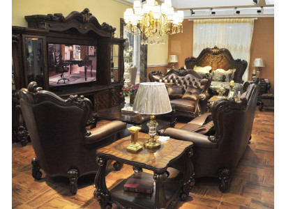 Sofà 3 posti divano in pelle insieme imbottito set legno stile barocco