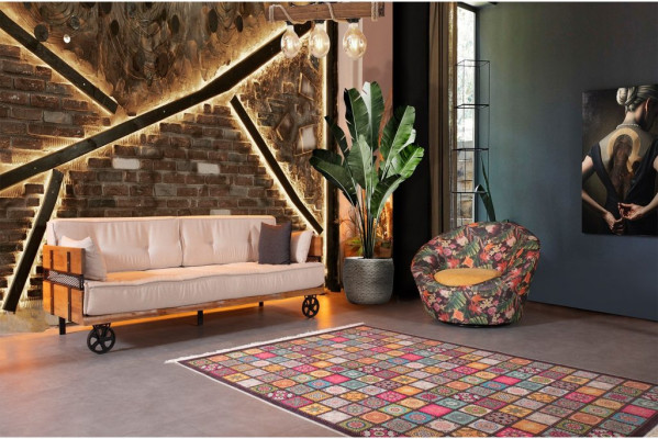 Divano di lusso imbottito 3 + 3 posti con tavolino da salotto stile loft.