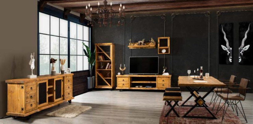 Mobile porta TV in vero legno di lusso marrone con tavolino su ruote armadio rustico.