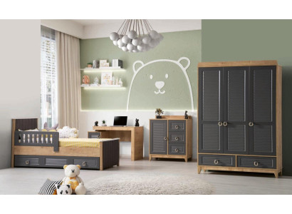 Set completo di mobili per bambini, letto per bambini in legno, 4 pezzi in camera da letto per bambini grigia.