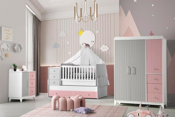 Lussuoso set per la camera dei bambini 3 pezzi - elegante comò, armadio, letto, colorato.