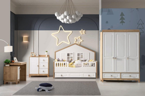 Set camera da letto per bambini moderna Letto Armadio Scrivania Luminosa 4 pezzi Nuovo