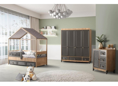 Set camera da letto grigia per ragazzi, composto da comò, armadio e letto, 3 pezzi.