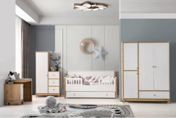 Set camera da letto per bambini elegante: letto, 2 armadi, scrivania bianca 5 pezzi.