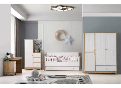Set camera da letto per bambini elegante: letto, 2 armadi, scrivania bianca 5 pezzi.
