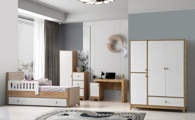 Set camera da letto per bambini completo Letto 2x Armadio tavolo Leggero 4 pezzi Nuovo