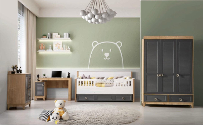 Lussuoso set di mobili per bambini per cameretta, letto per bambini grigio in legno, set di 4 pezzi