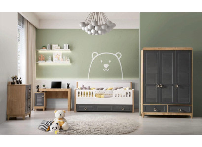 Lussuoso set di mobili per bambini per cameretta, letto per bambini grigio in legno, set di 4 pezzi