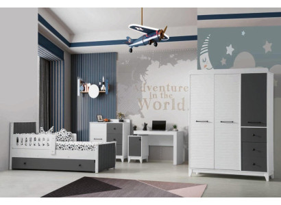 Set di camera per bambini moderno composto da letto armadio comò tavolo 4 pezzi.