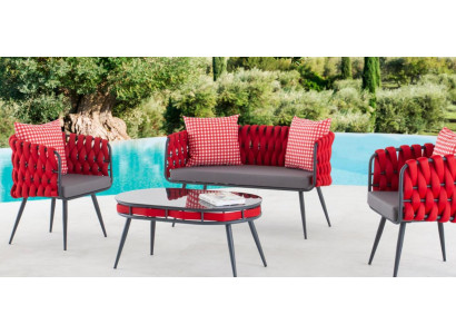 Set da giardino rosso di lusso, mobili da seduta tavolo divano terrazza divano a 4 pezzi.