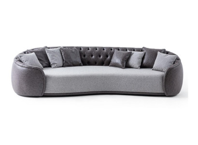Divano Chesterfield a quattro posti in stoffa grigia, divano in tessuto a quattro posti.