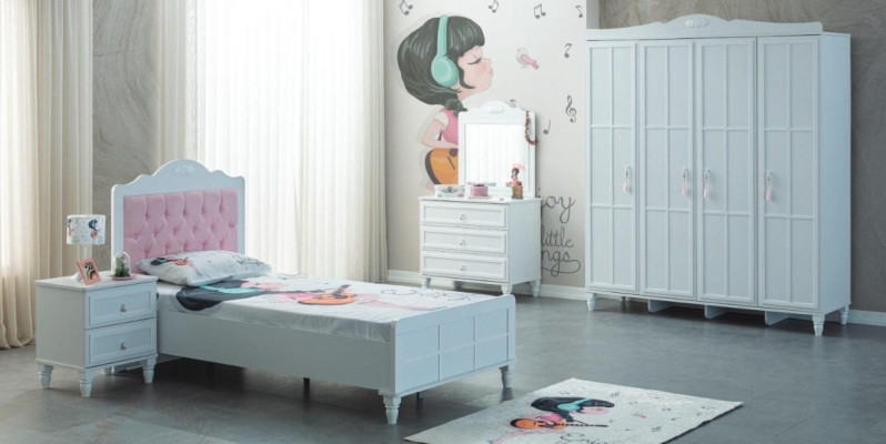 Camera dei bambini Set completo di mobili per bambini Letto in legno Set 5 pezzi Bianco