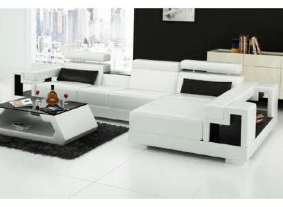 Lussuoso divano in pelle angolare con tavolino da salotto - Set di divani imbottiti + tavolino 2 pezzi. Divano