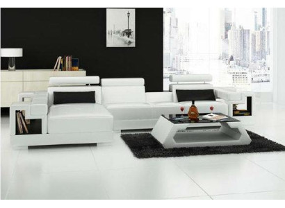 Lussuoso divano in pelle angolare con tavolino da salotto - Set di divani imbottiti + tavolino 2 pezzi. Divano