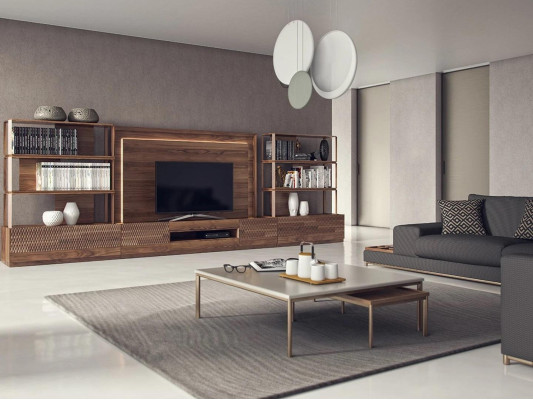 Set di mobili da soggiorno 4 pezzi: supporto TV, 2 librerie, mobili in legno, struttura TV completa.