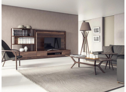 Soggiorno di lusso con parete attrezzata porta TV, mobili in legno, librerie nuove, cornice TV.